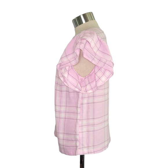A New Day Pink Plaid Ruffle Sleeve Linen Blend Top Size XS Lightweight Spring - Picture 4 of 8